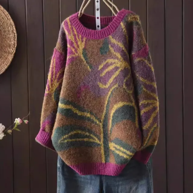 Round Neck Floral Print Retro Style Artistic Sweater Floral - Shop at LoveMi