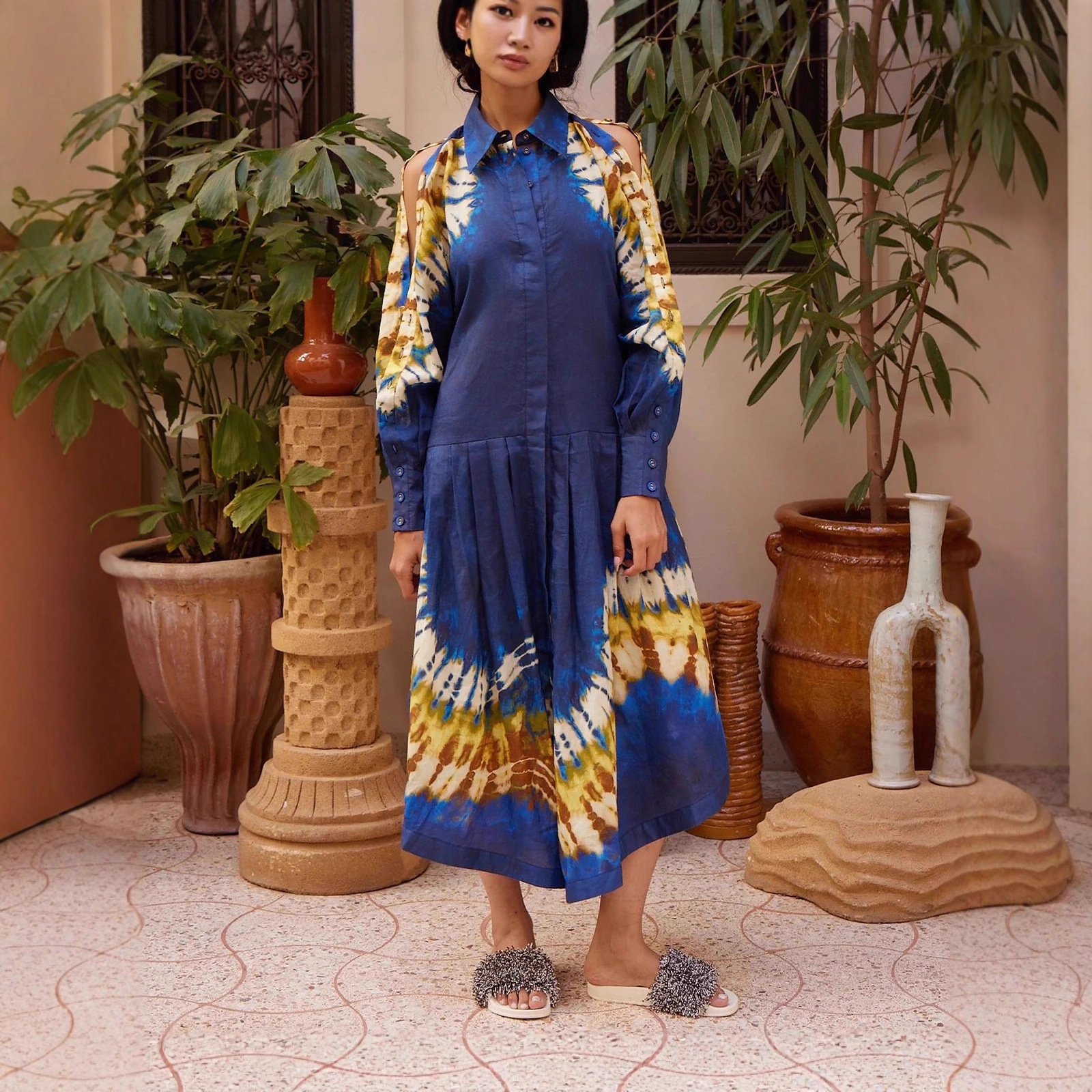Elegant linen printed dress for women (blue-s)