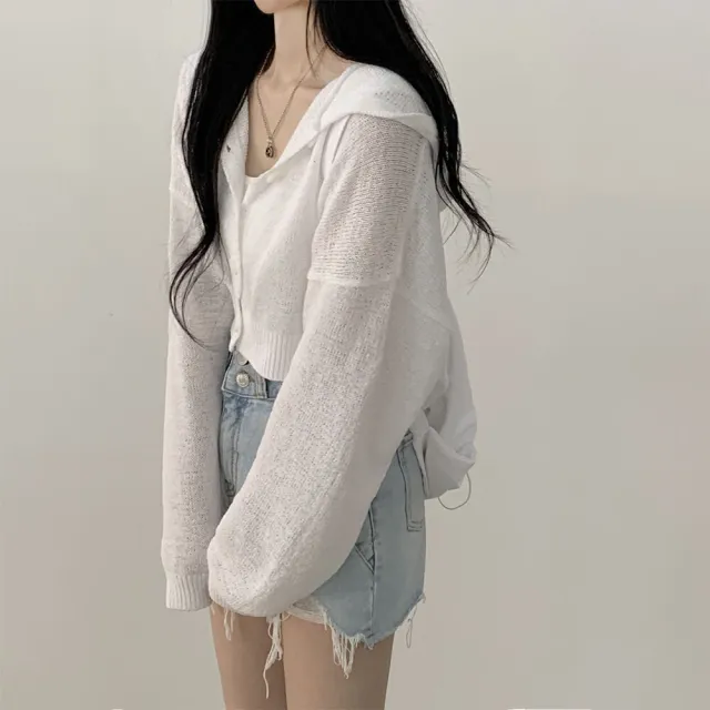 Lazy Style Thin Short Ice Silk Loose Lantern Sleeve Hooded Long sleeved Cardigan White - Shop at LoveMi