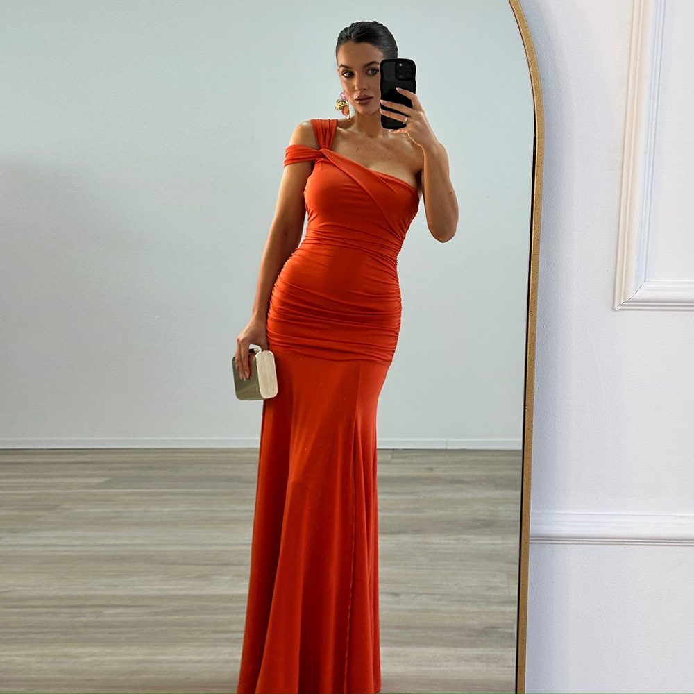 Solid Color Sexy Oblique Shoulder Pleated Side Slit Slim Fit Dress Orange - Shop at LoveMi