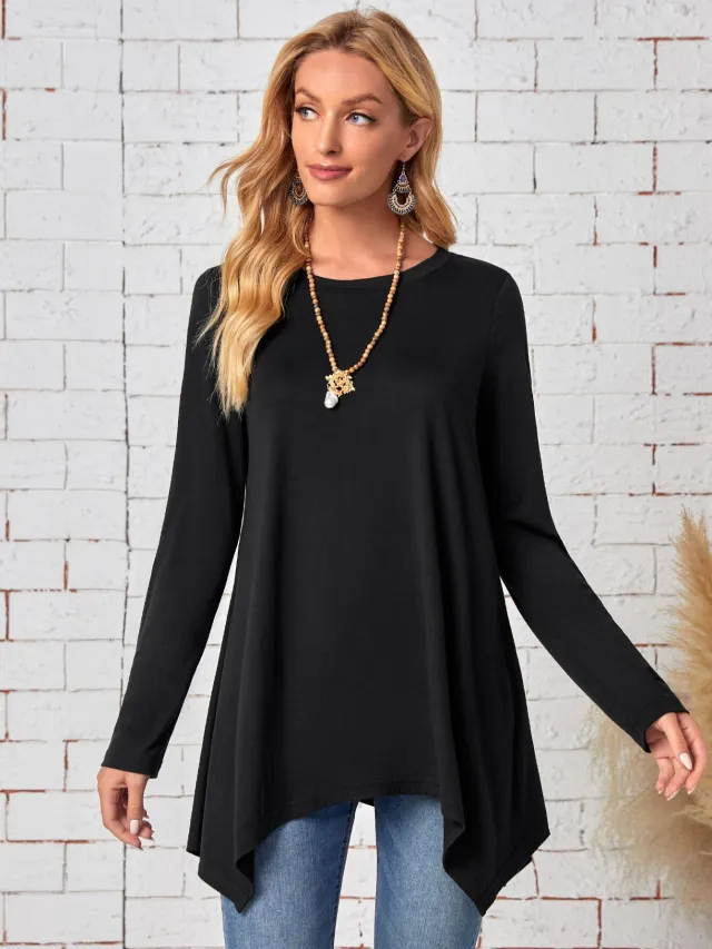 Long Sleeve Irregular Fashion Round Neck Top Black - Shop at LoveMi