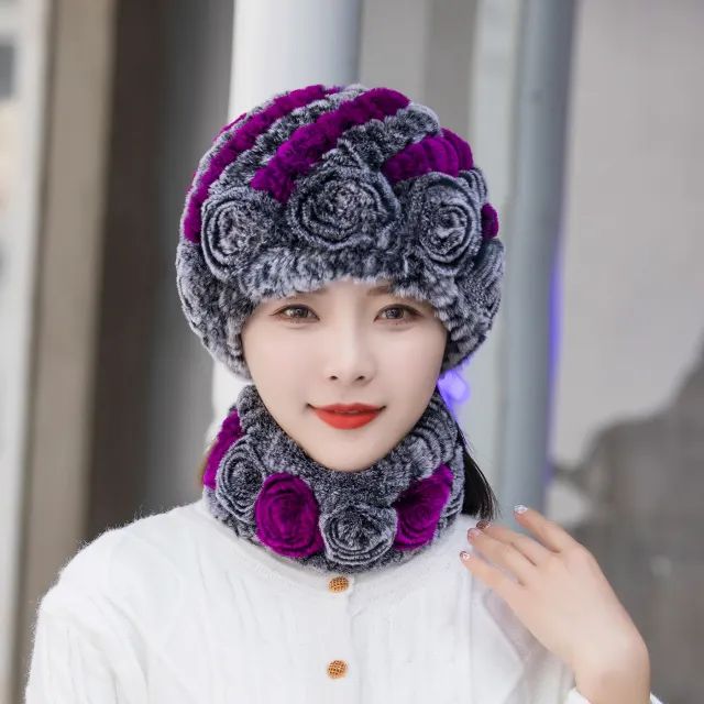 Winter Warm Rex Rabbit Fur Hat Scarf Suit Black Cream Purple - Shop at LoveMi