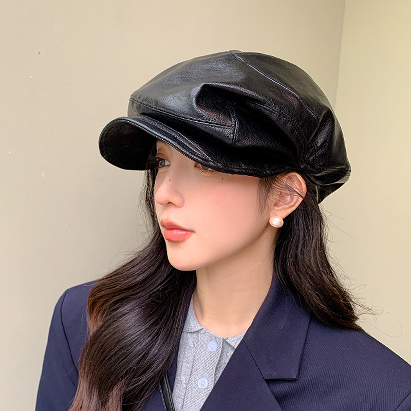 Niche Design Irregular Pleated PU Beret Octagonal Cap