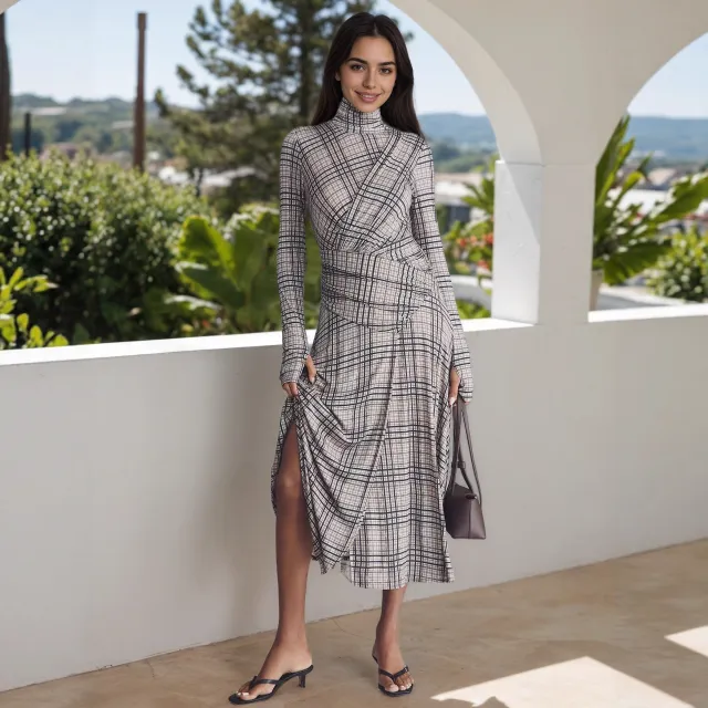 Autumn And Winter Temperament Women's Long sleeved Plaid Casual Dress Apricot Base Black Stripe - Shop at LoveMi