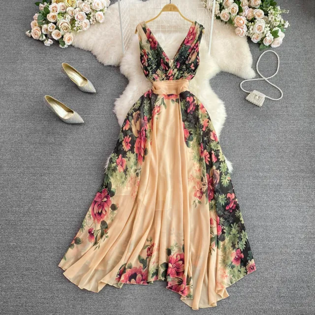 Elegant Women's Dress Long Skirt Waist Slim Print Dress Orange - Shop at LoveMi