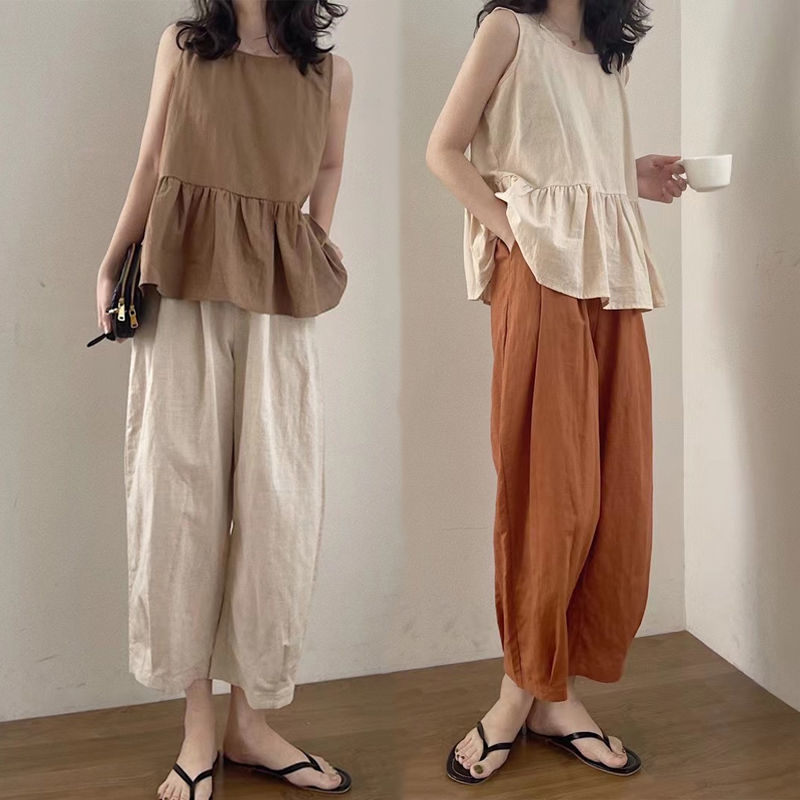 Summer New Cotton-linen Loose-fit Figure-flattering Sleeveless Tank Top And Versatile Solid-color Capri Pants Two-piece Set For Women