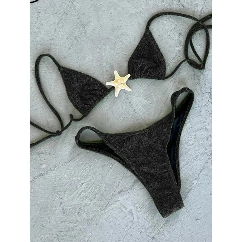 Starfish Split Black Bikini Drawstring Bandage Swimsuit