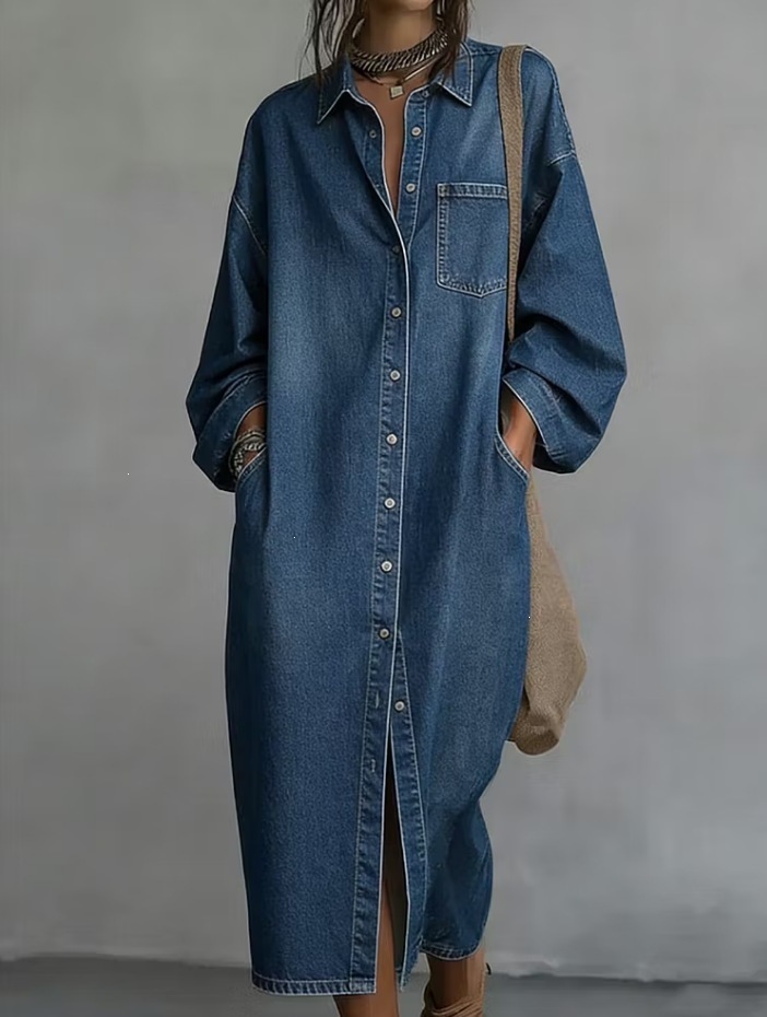 Single-breasted Loose-fit Denim Shirt Casual Dress