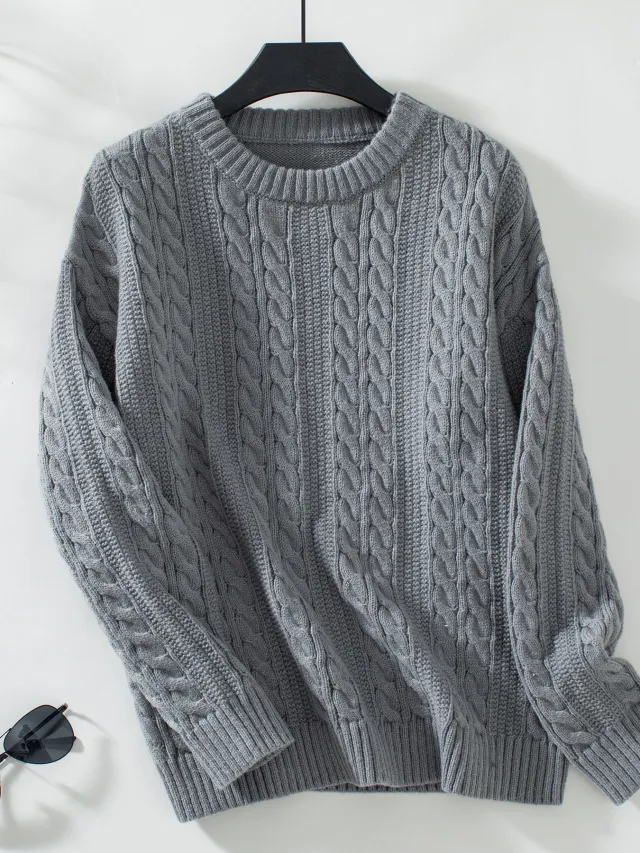 European And American Fashion Round Neck Twist Knit Sweater Pullover Long Sleeve Dark Gray - Shop at LoveMi