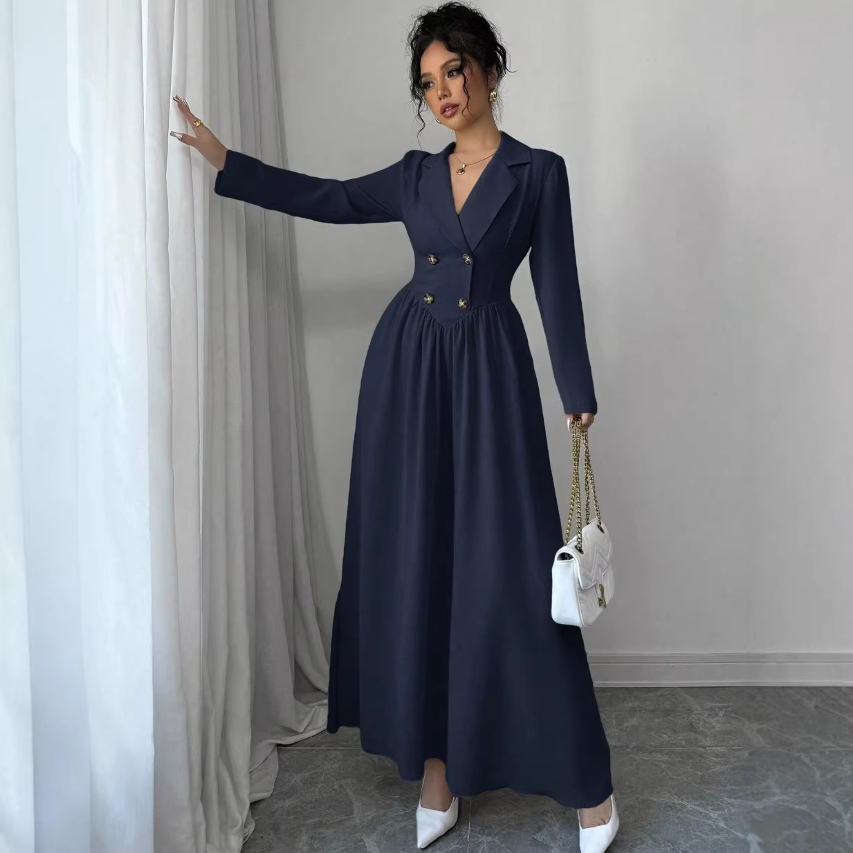 Long-sleeved High-waisted Flared Pleated Dress