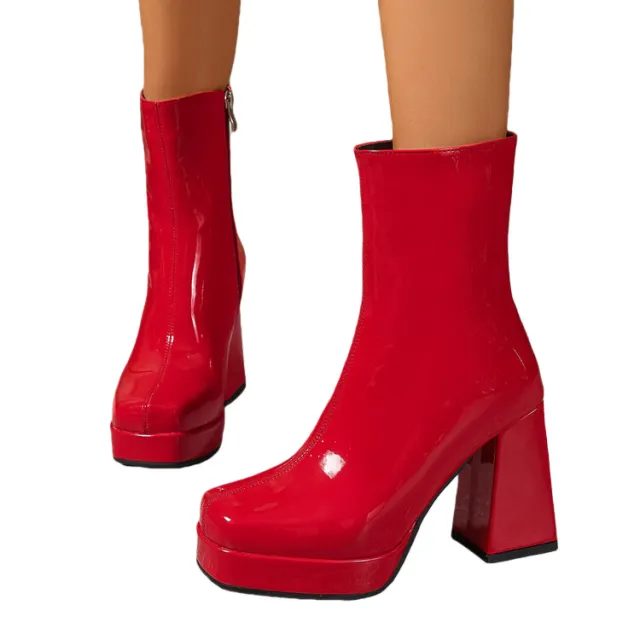 New Fallwinter Chunky Heel Height Enhancing Slimming Womens Ankle Boots With A Square Toe Red - Shop at LoveMi