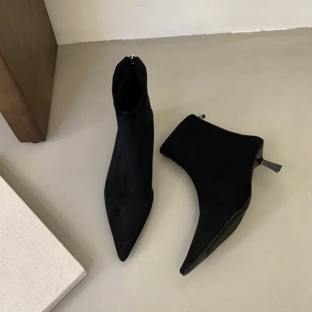Retro Cat Heel Stretch Pointed Stiletto Heel Skinny Boots Velvet Black - Shop at LoveMi