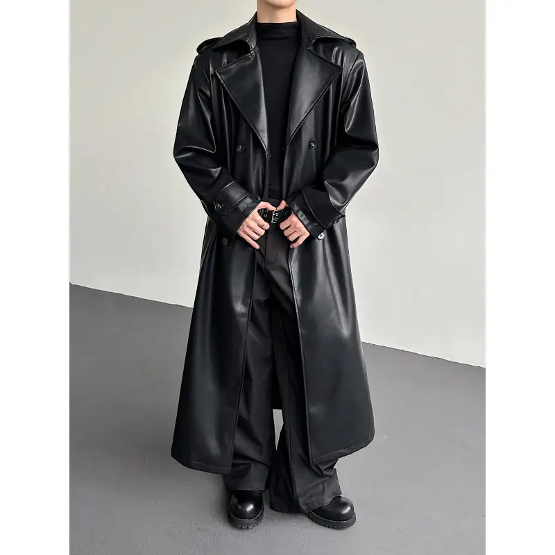 Men's Double-Breasted Leather Long Trench Coat