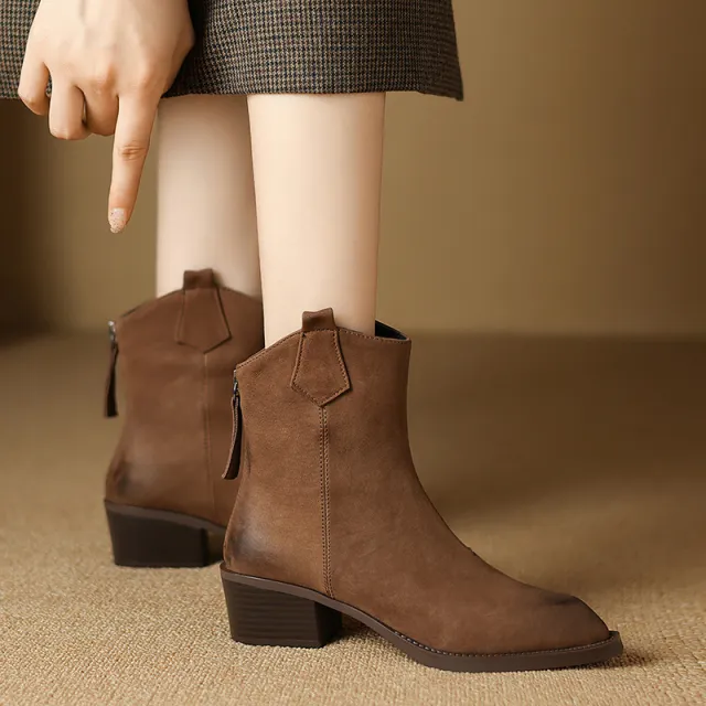 Women's Martin Boots Retro Light Brown Pointed Toe Chunky Heel Ankle Boots Winter New Style Brown - Shop at LoveMi