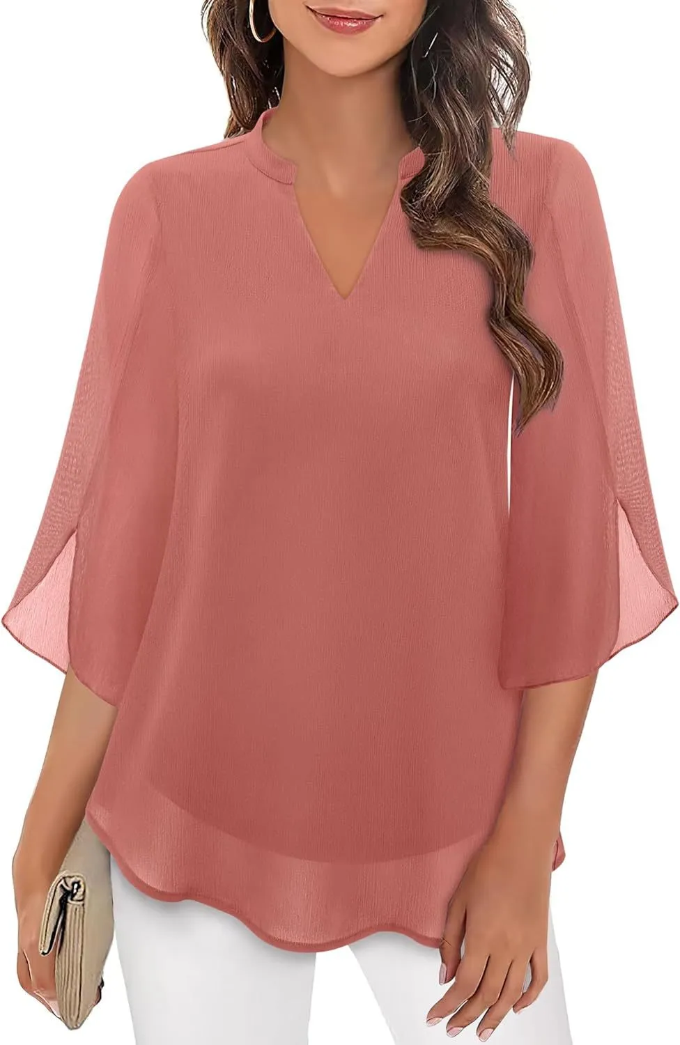 Women's Petal Sleeve Top Loose V-neck Chiffon Shirt - Peach-Xxl