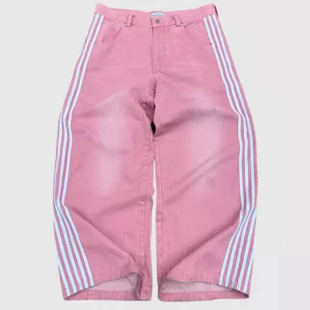 Loose Casual American Retro Harajuku Personality Street Jeans Pink Jeans Stripes - Shop at LoveMi
