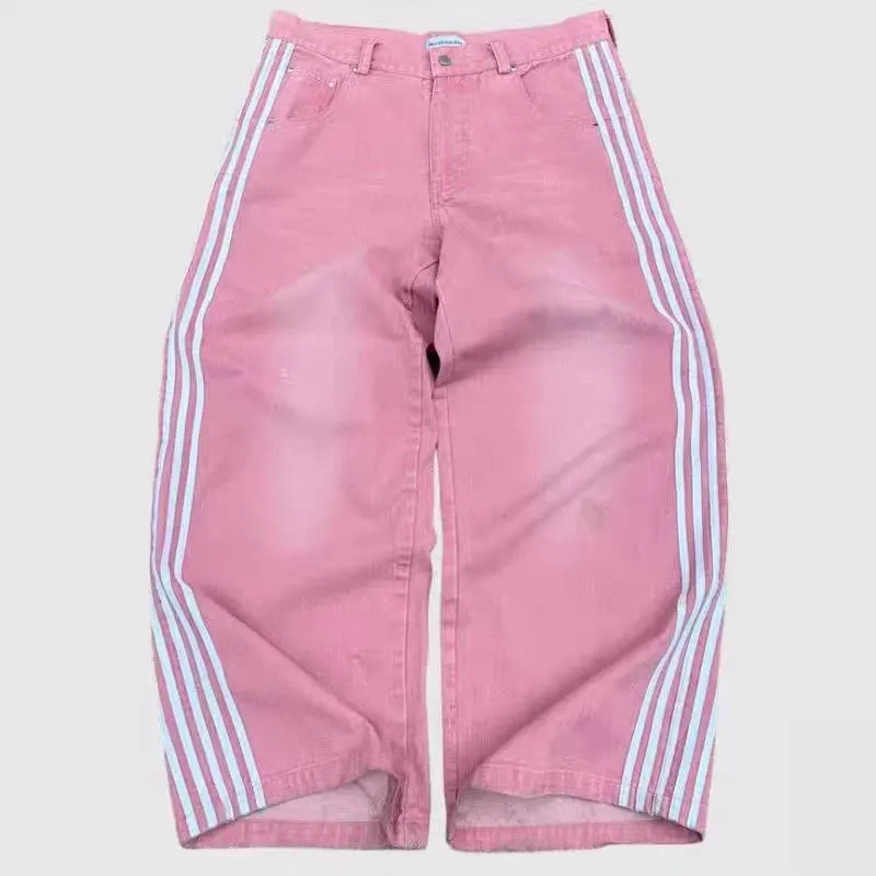 Loose Casual American Retro Harajuku Personality Street Jeans - Pink Jeans Stripes