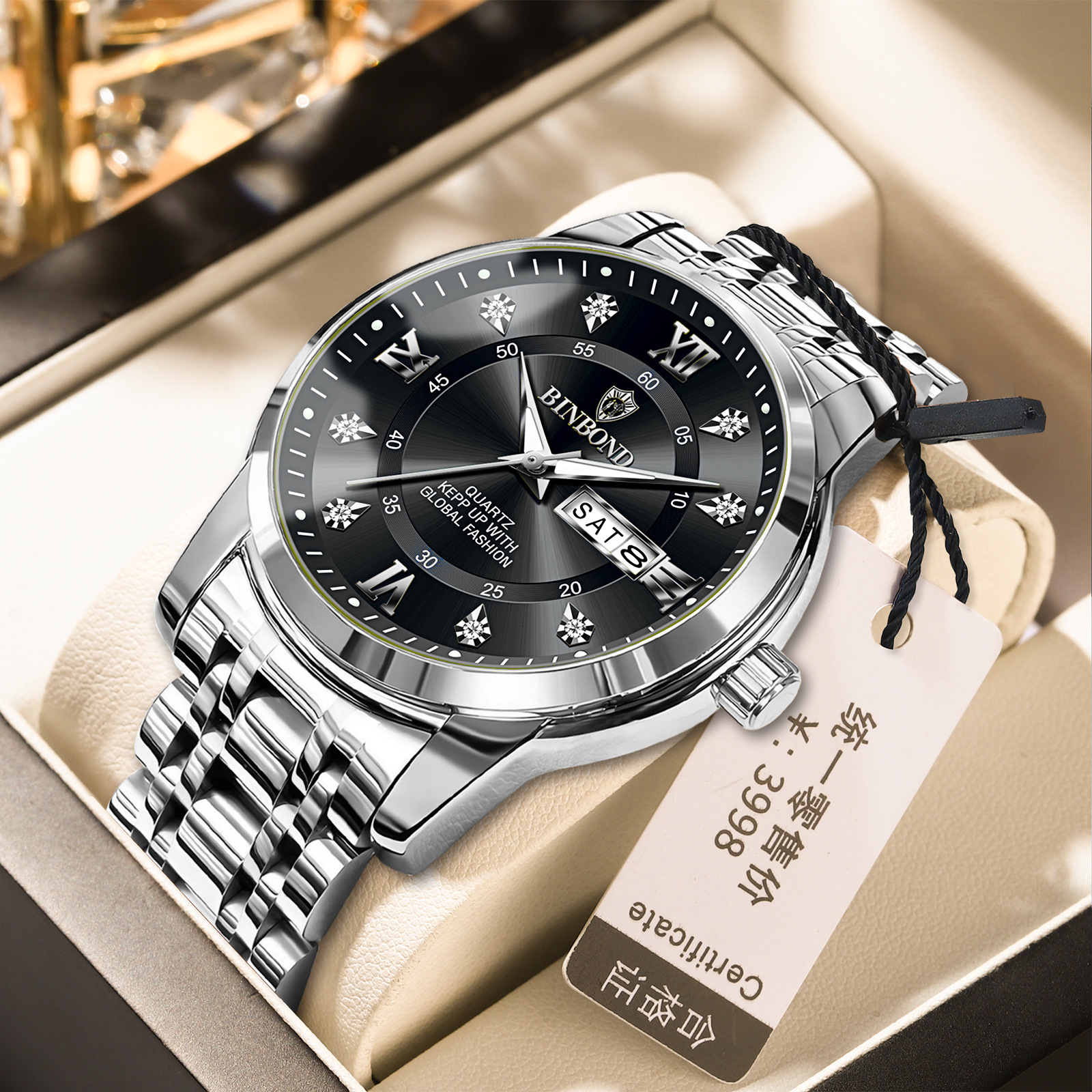 Binbang Business Light-Luxury Quartz Watch For Men White Steel Black Men's Style