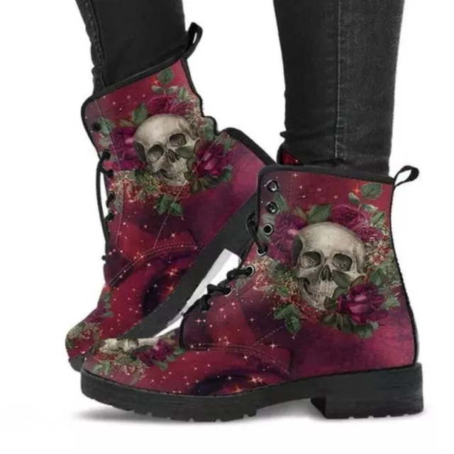 Women's Fashion Simple Printed Leather Tooling Combat Boots Rose - Shop at LoveMi