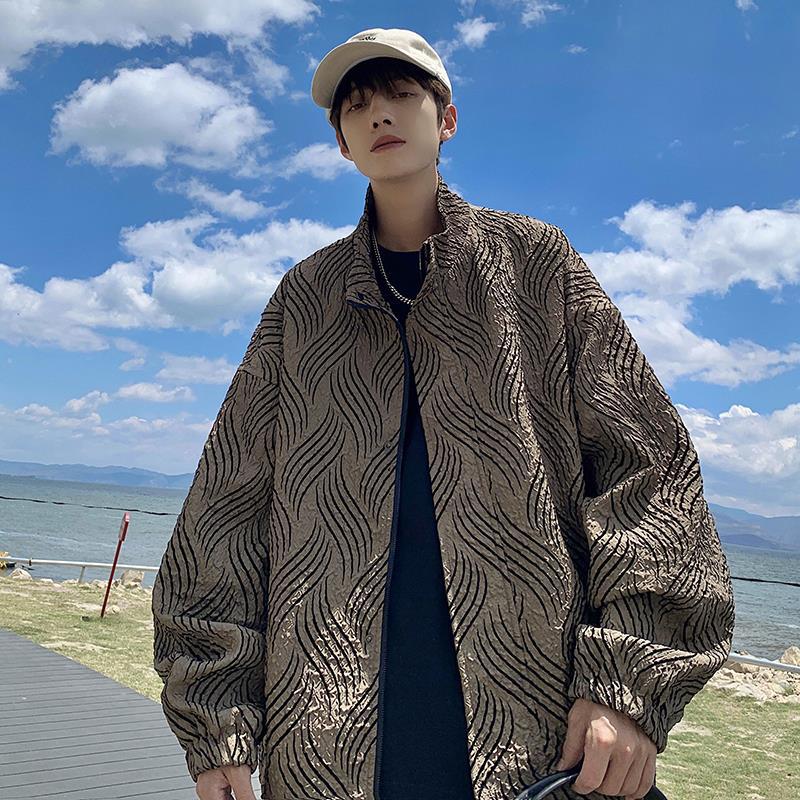 Personality Dark Crumpled Texture Striped Large Size Stand Collar Jacket