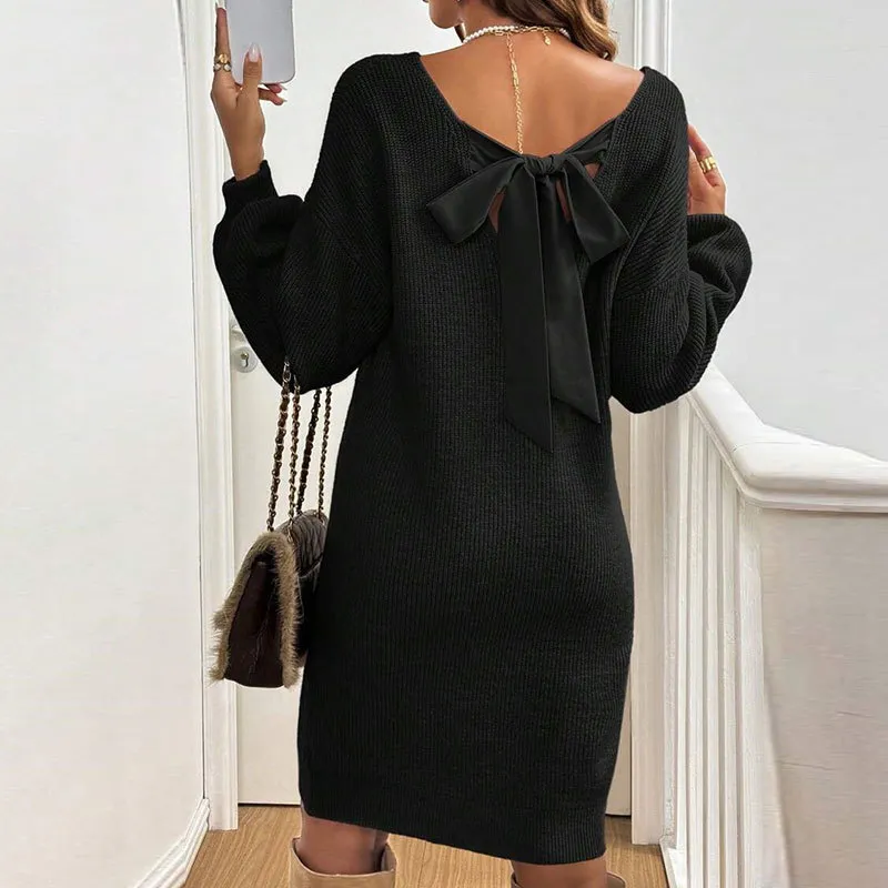 Loose Knitted V-neck Bow Long Sleeve All-matching Pullover Woolen Skirt - Black