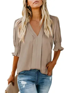 V-neck Short Sleeve Loose Comfortable Fashion Summer Solid Color Small Shirt European And American Style - Khaki - View 1