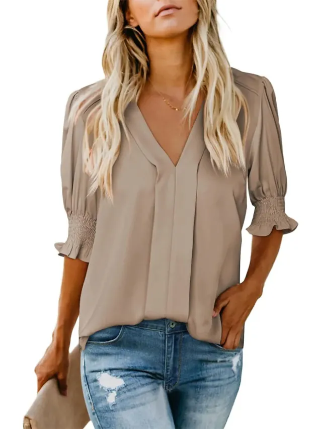 V neck Short Sleeve Loose Comfortable Fashion Summer Solid Color Small Shirt European And American Style Khaki - Shop at LoveMi