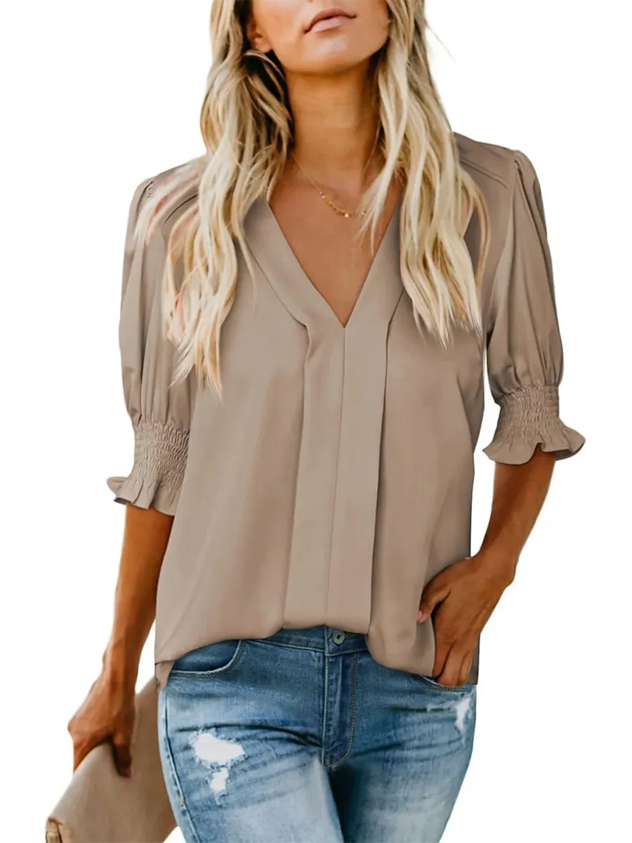 V-neck Short Sleeve Loose Comfortable Fashion Summer Solid Colour Small Shirt European And American Style - Khaki