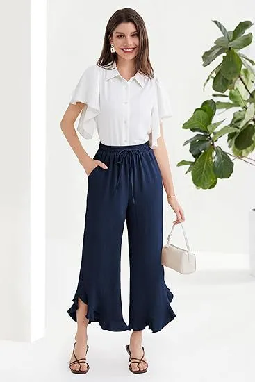 Fashion Ruffles Bell bottoms Ankle length Pants Women Dark Blue - Shop at LoveMi