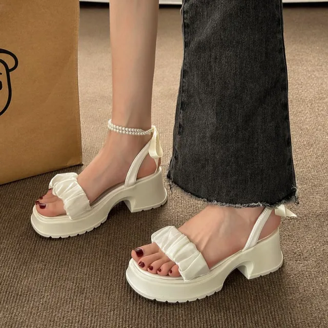 Pearl Bow French Style Thick Bottom Chunky Heel Sandals Beige - Shop at LoveMi