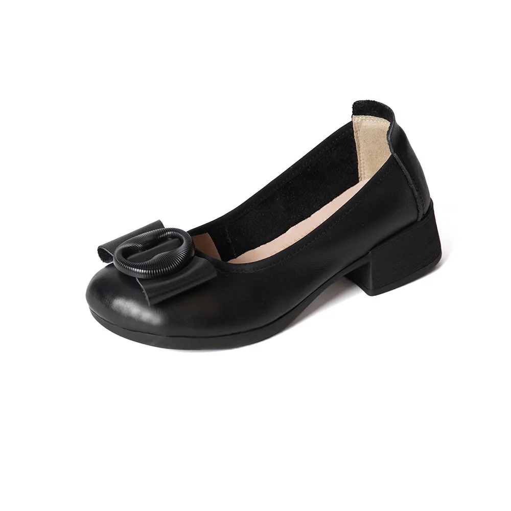 Low-cut Authentic Leather Women's Mid Heel Slip-on Round Head Pumps - Black