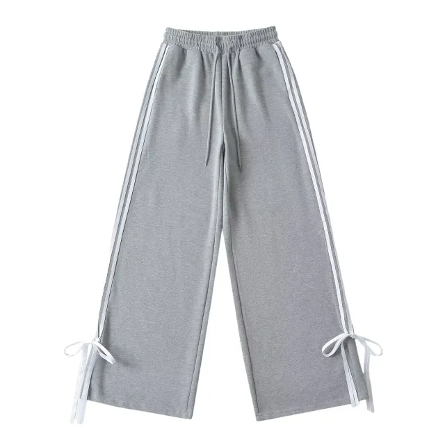 Side striped Bow tie detailed High waist Casual Loose Wide leg Straight Pants Gray - Shop at LoveMi