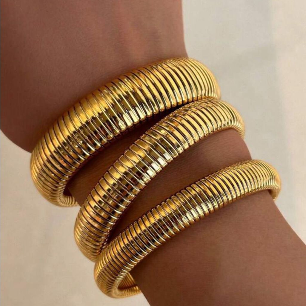 Womens Gold-Colored Stretch Stainless Steel Snake-Chain Wide Bracelet