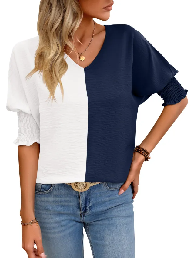 V neck Loose Smocking Batwing Sleeve Color Matching Top White Blue - Shop at LoveMi