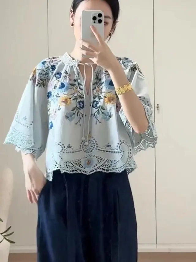 Embroidered Floral Hollow Out Tied Loose Round Neck Puff Sleeve Top Light Blue - Shop at LoveMi