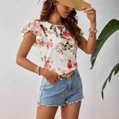 Floral Print Short Sleeve Shirt Summer Fashion Ruffled Tops Women's Clothing - White - View 1