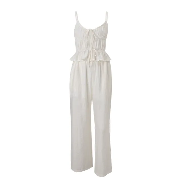 Sexy V neck Strap Thin Top Straight leg Trousers Suit Apricot - Shop at LoveMi