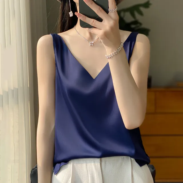 Sling Vest Inner Match Satin Silky Base Loose Sleeveless Top Blue - Shop at LoveMi