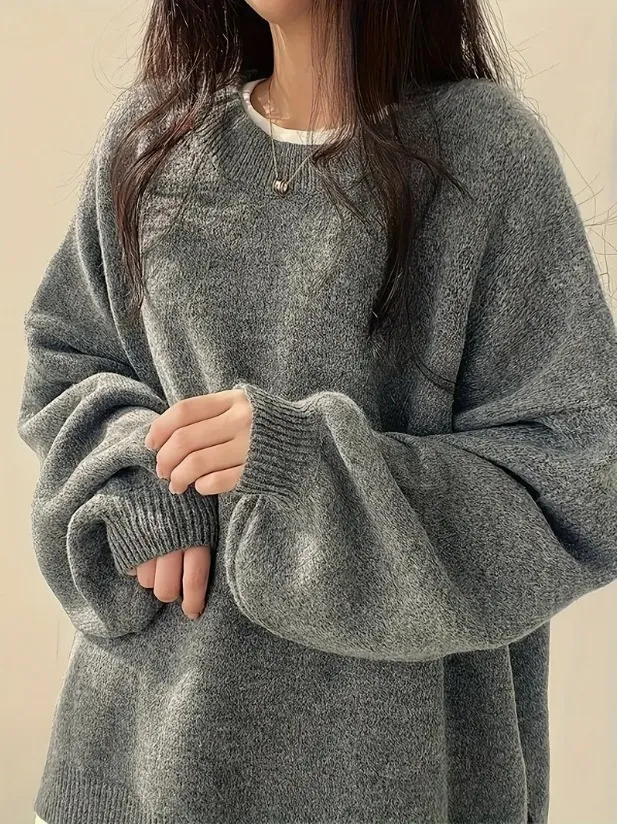 Idle Style Retro Crew Neck Pullover Sweater Gray - Shop at LoveMi