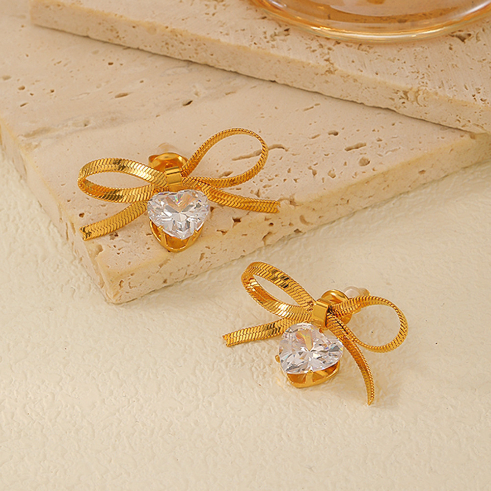 Titanium Steel No Fading Bowknot Heart Shape With Diamond Earrings