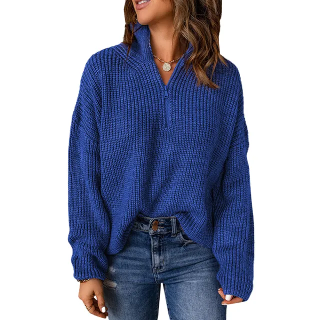 Autumn And Winter Zipper Stand up Collar Thick Sweater For Women Lc2722225 Blue - Shop at LoveMi