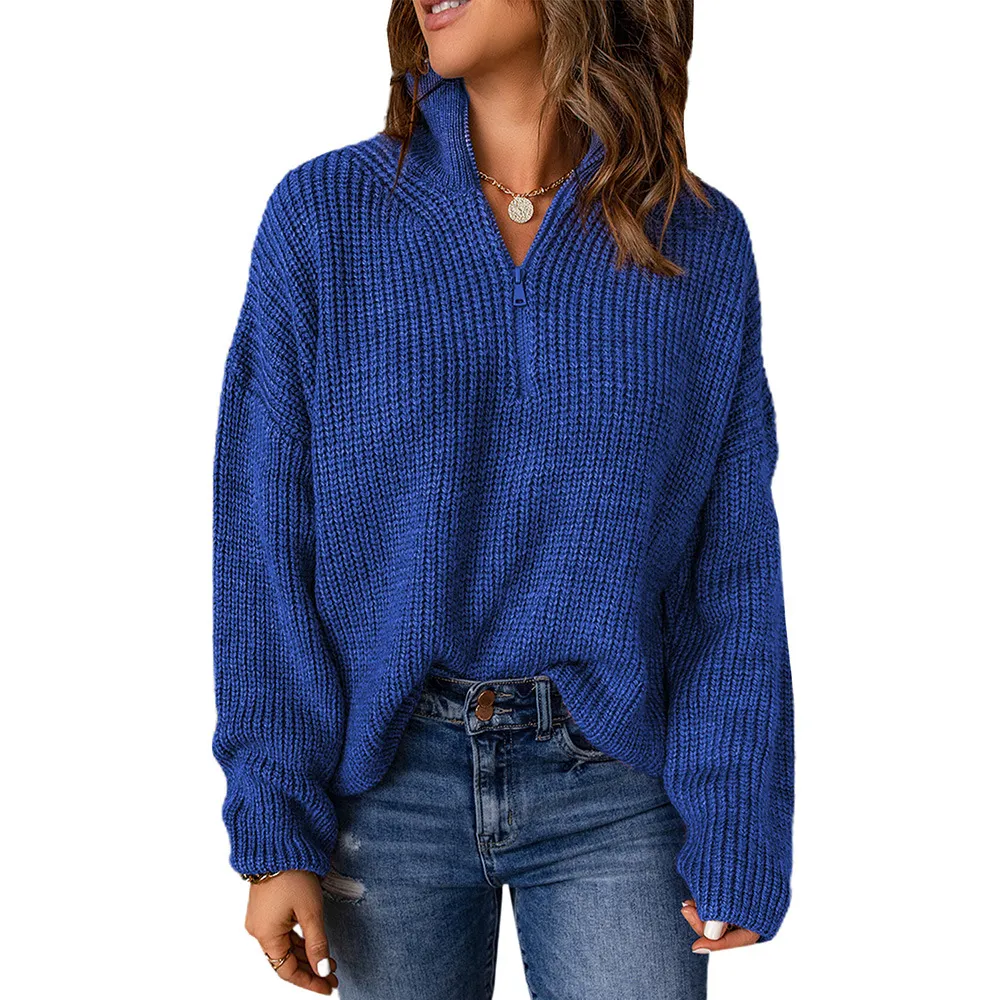 Autumn And Winter Zipper Stand-up Collar Thick Sweater For Women - Lc2722225 Blue