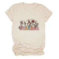 Casual TEACHER Floral Women's Loose Round Neck Short Sleeve - Black - View 1