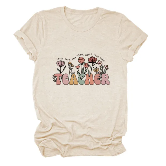 Casual TEACHER Floral Women's Loose Round Neck Short Sleeve Black - Shop at LoveMi