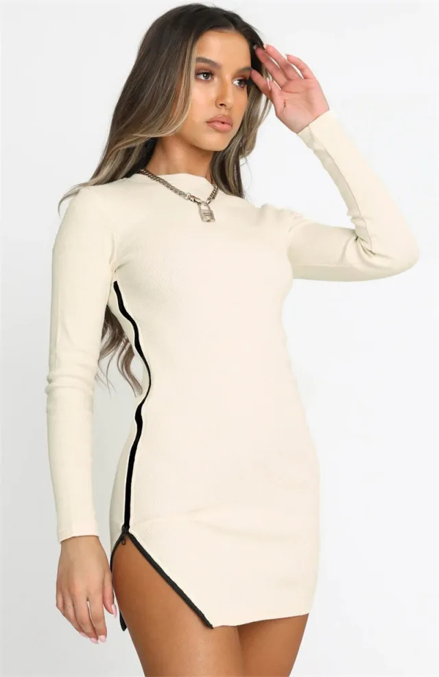 Women's Zipper Split Long Sleeve Slim Fit Dress Apricot - Shop at LoveMi