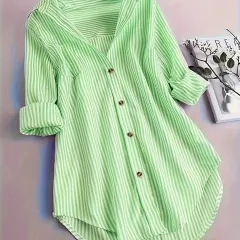 Women's Striped Button Casual Loose Long-sleeved Shirt - Green - View 1