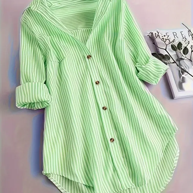 Women's Striped Button Casual Loose Long sleeved Shirt Green - Shop at LoveMi