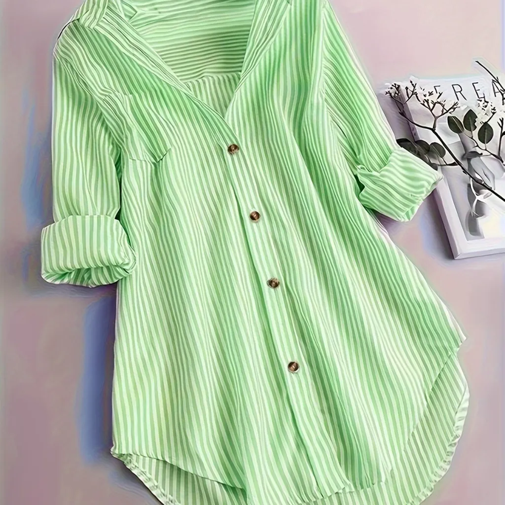 Women's Striped Button Casual Loose Long-sleeved Shirt - Green