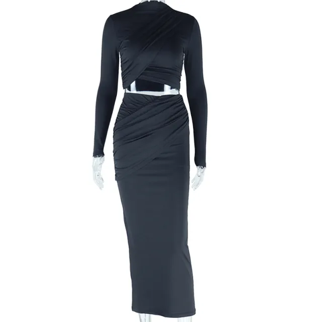 Round neck Irregular Long sleeved Crop Top Casual Skirt Two piece Set Black - Shop at LoveMi