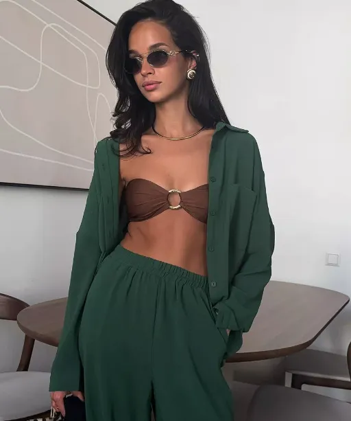 Women's Solid Color Cardigan Pocket Casual Wide leg Trousers Suit Dark Green - Shop at LoveMi